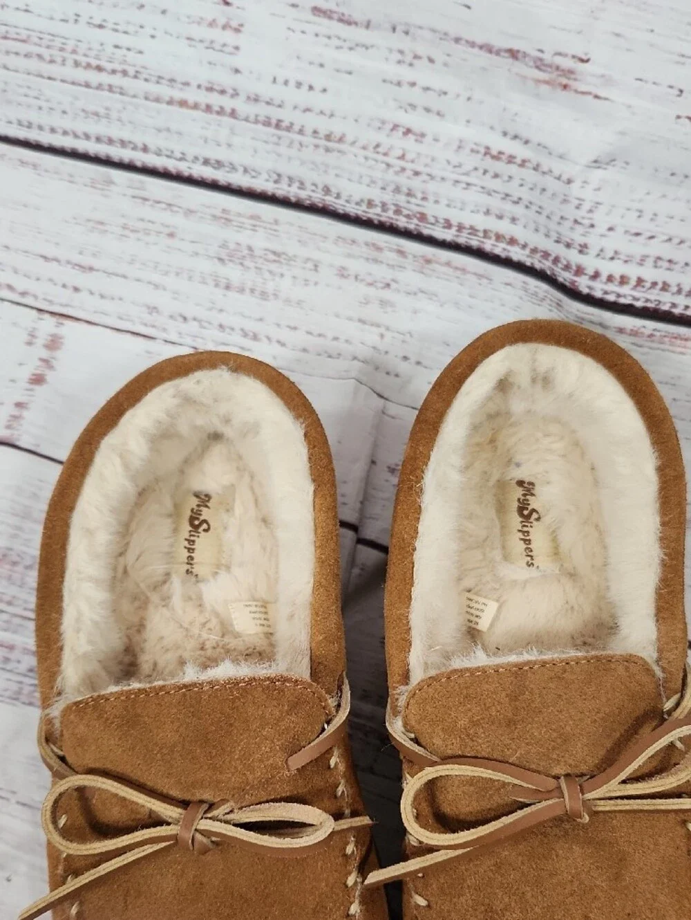 My Slippers Men's Suede Moccasin Slippers with Faux Fur Lining - Tan